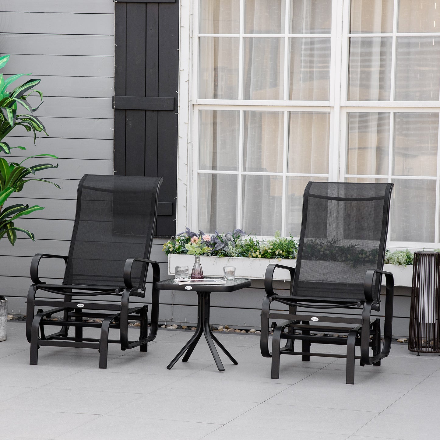 3 Pieces Garden Gliding Chair Set, Metal Frame 2 Single Armchair Swing Seater and 1 Glass Top Coffee Table w/ Breath Mesh Fab