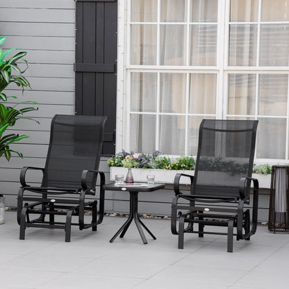 3 Pieces Garden Gliding Chair Set, Metal Frame 2 Single Armchair Swing Seater and 1 Glass Top Coffee Table w/ Breath Mesh Fab