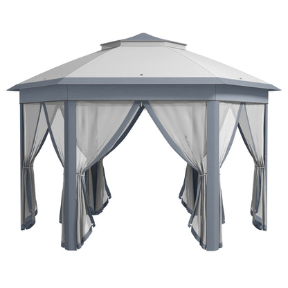 3 x 4m Metal Frame Hexagon Gazebo with UV-resistance Roof and Mesh Curtains - Grey
