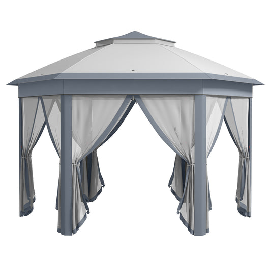 3 x 4m Metal Frame Hexagon Gazebo with UV-resistance Roof and Mesh Curtains - Grey