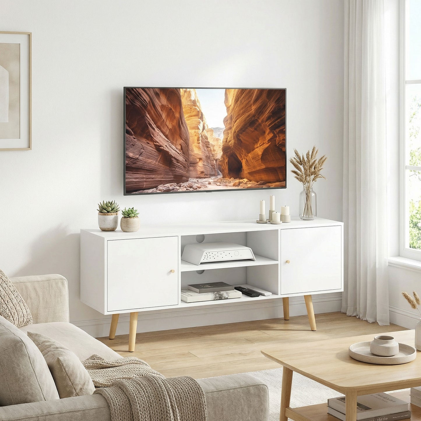 TV Stand Cabinet up to 55 Inches, TV Unit with Storage Shelves and Wood Legs for Living Room, Bedroom, White