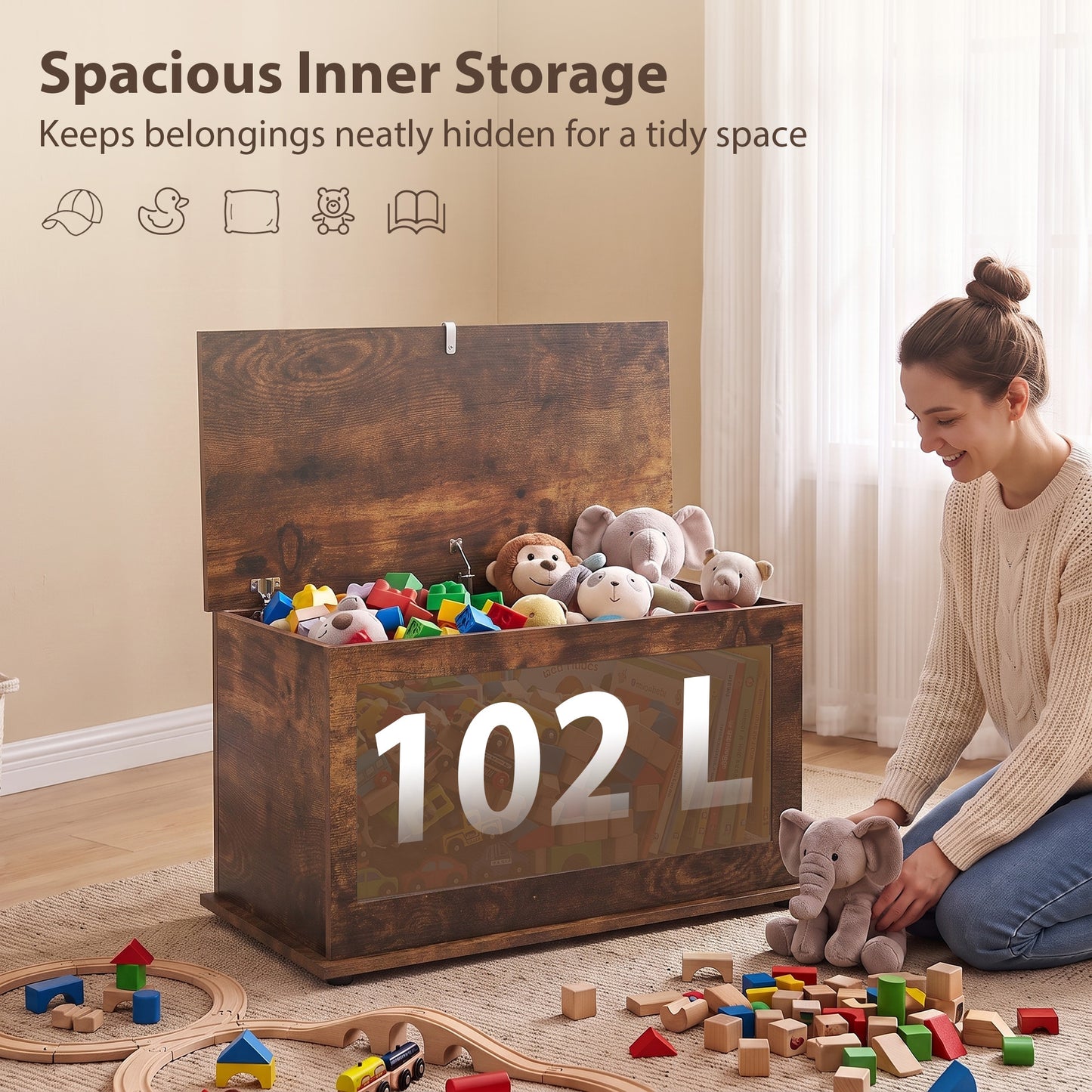 Storage Chest, 102L Blanket Box, Shoe Bench Safety Hinged Lid, Bed End Bench for Bedroom, 80 x 40 x 45cm, Rustic Brown