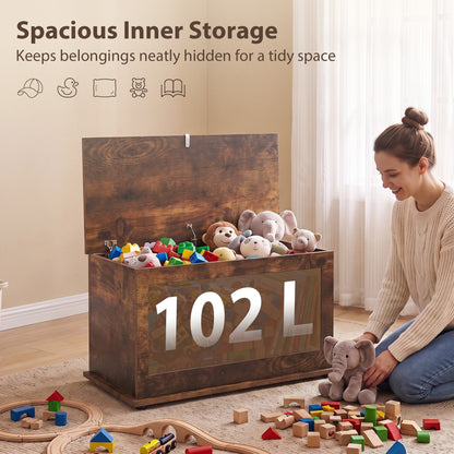 Storage Chest, 102L Blanket Box, Shoe Bench Safety Hinged Lid, Bed End Bench for Bedroom, 80 x 40 x 45cm, Rustic Brown