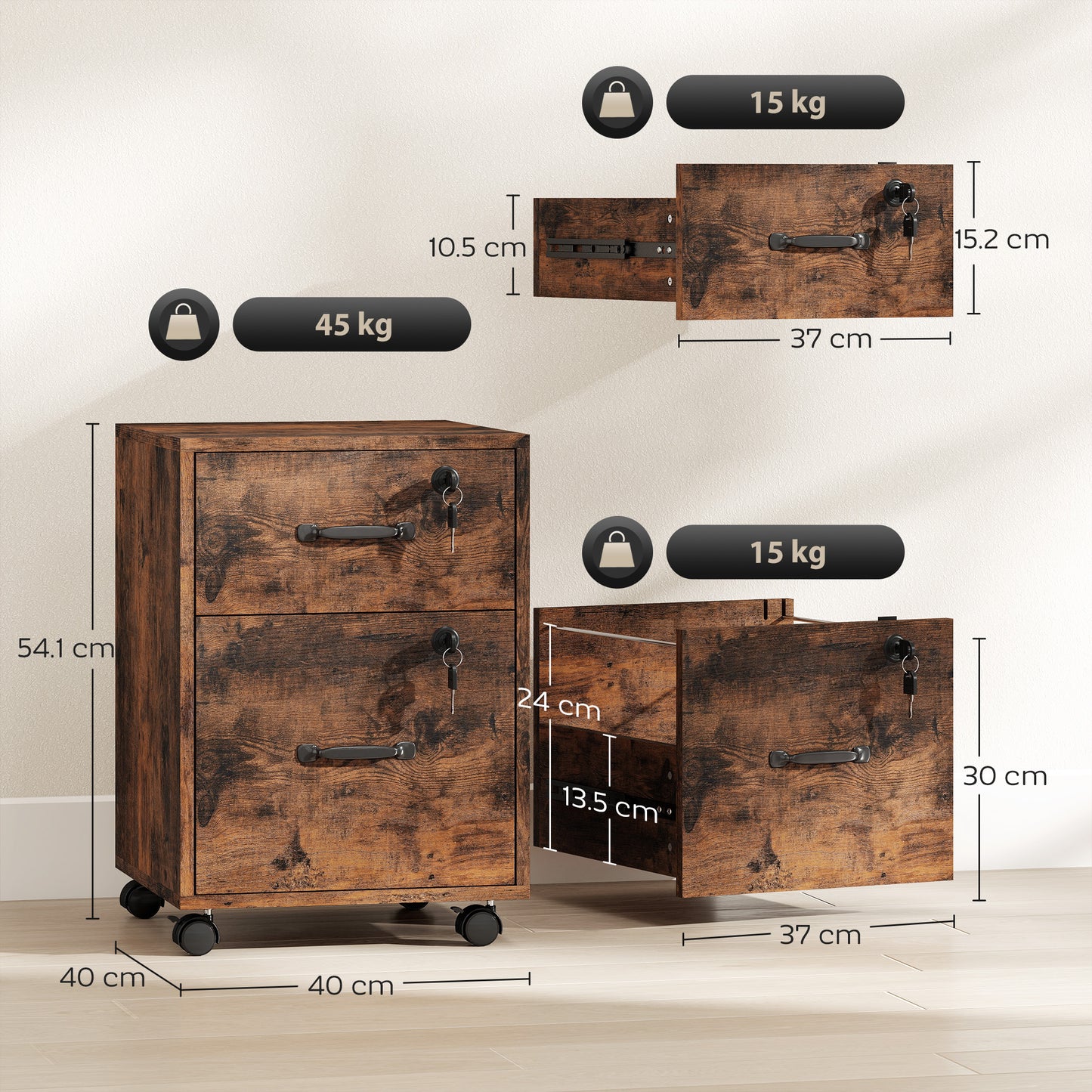 Rolling File Cabinet with 2 Drawers, Mobile Filing Cabinet with Hanging File Folder for Letter Sized Documents, Rustic Brown