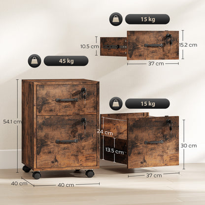 Rolling File Cabinet with 2 Drawers, Mobile Filing Cabinet with Hanging File Folder for Letter Sized Documents, Rustic Brown