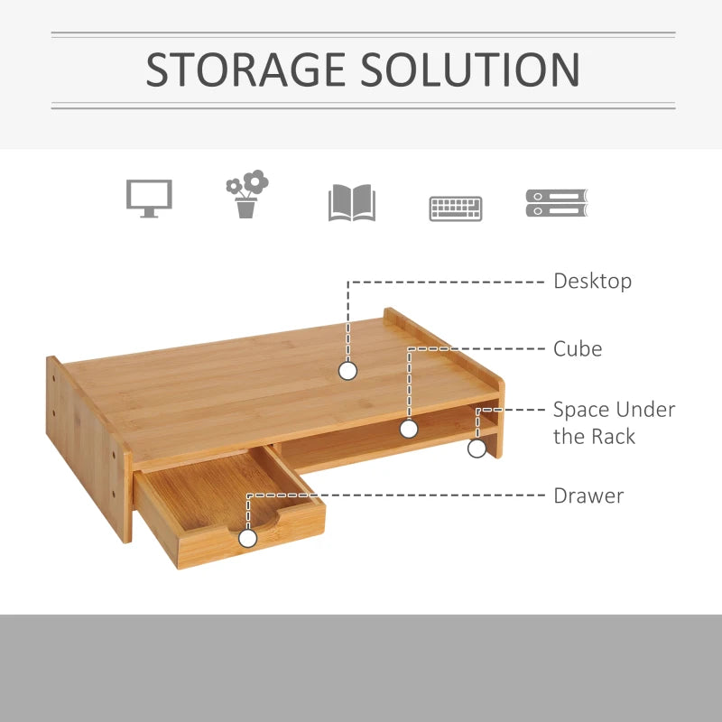 Monitor Riser / Desktop Organiser with Drawer & Open Shelf Design