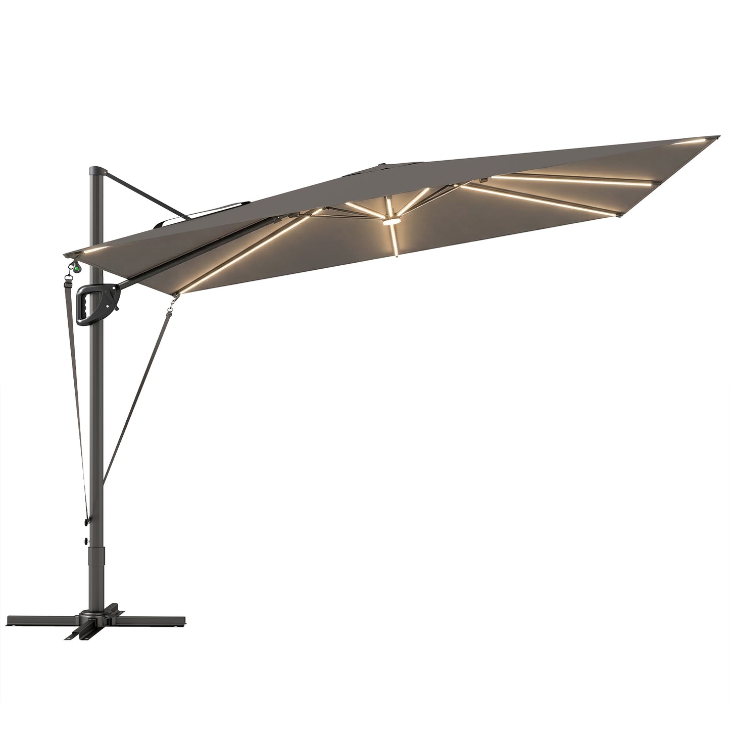 3 x 3 m Garden Cantilever Parasol w/ Light, Cover, UPF50+ Patio Umbrella w/ Wind Protection, 360° Rotation, Dark Grey
