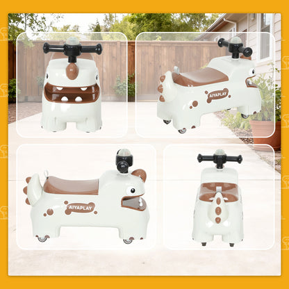Kids Ride On Car, Dinosaur Foot to Floor Slider with Storage, Toddler Walker with Light, Sounds, Cream