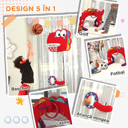 5-in-1 Dinosaur Basketball Set with Adjustable Basketball Stand and Golf Game, Indoor for Boys Girls, Red