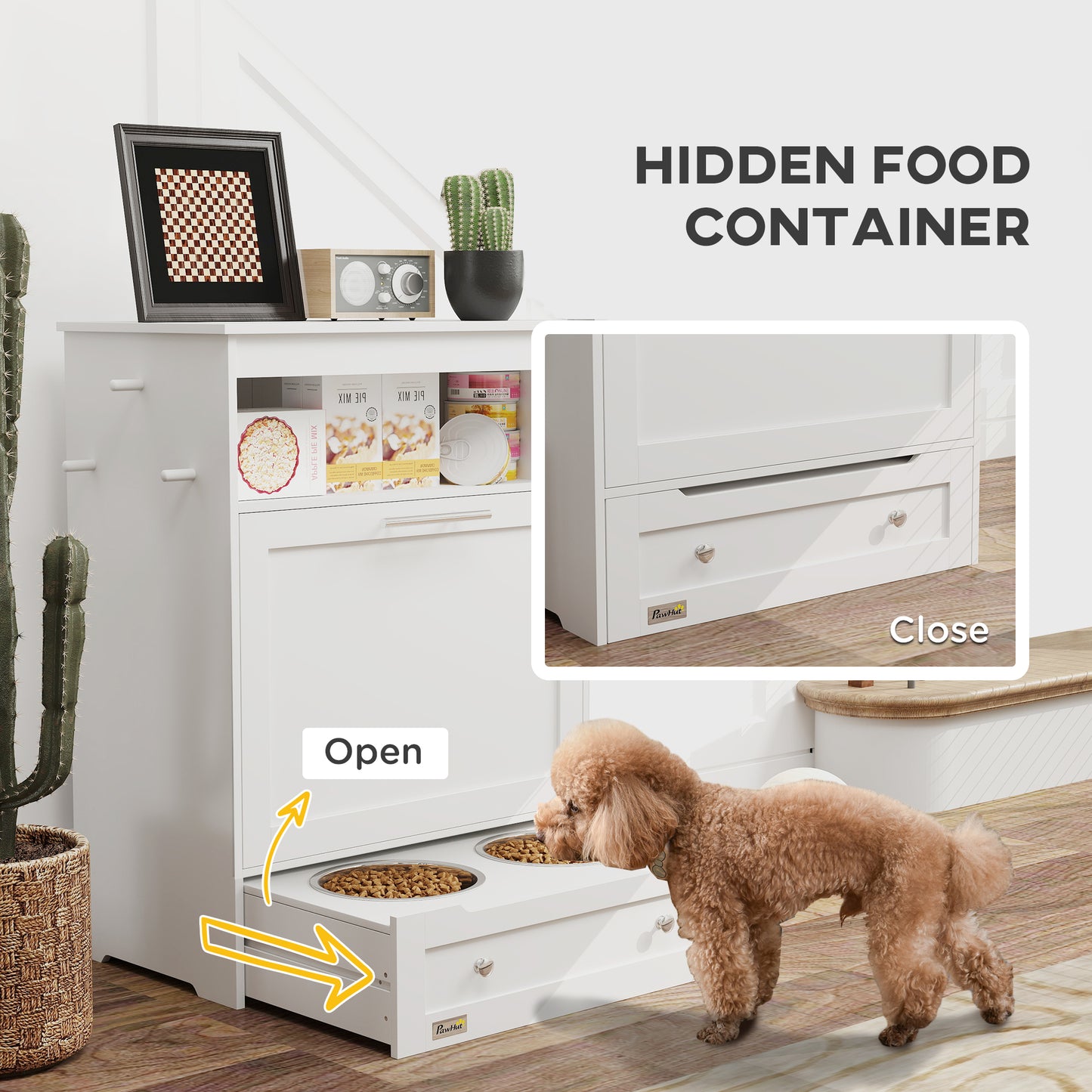 Pet Feeder Station, Dog, Cat Storage Container, with Raised Bowls, Hanger, Cabinet - White