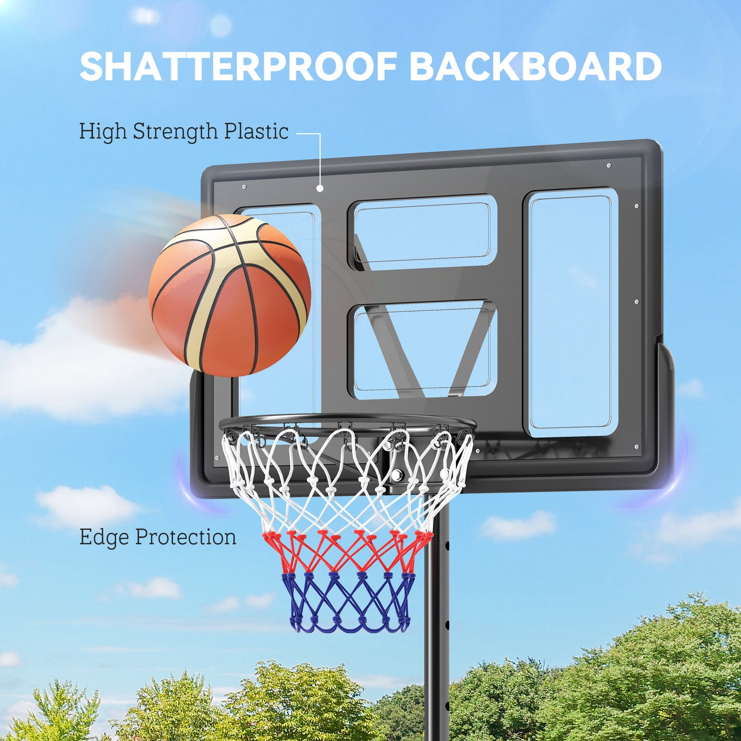 2.3-3.05m Basketball Hoop and Stand, with Weighted Base, Wheels, Black