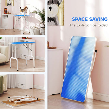 32" Foldable Dog Grooming Table Pet Drying Beauty Table Adjustable Fixed Arm Rubber Top, Blue