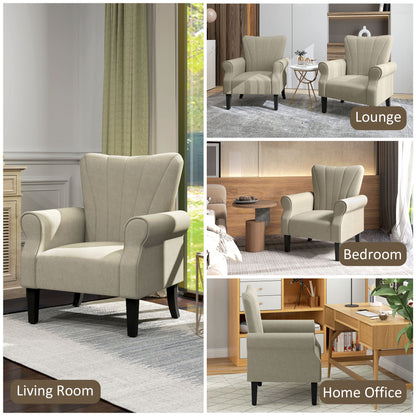Upholstered Accent Chair with Rolled Arms and Wood Legs, Armchair for Living Room Bedroom, Beige