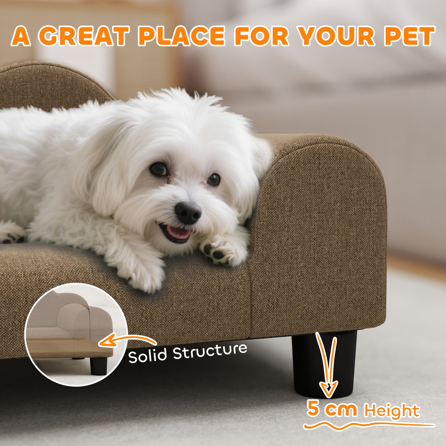 Elevated Dog Sofa Bed, Breathable Pet Sofa with Backrest and Armrest for Small Dogs, Brown