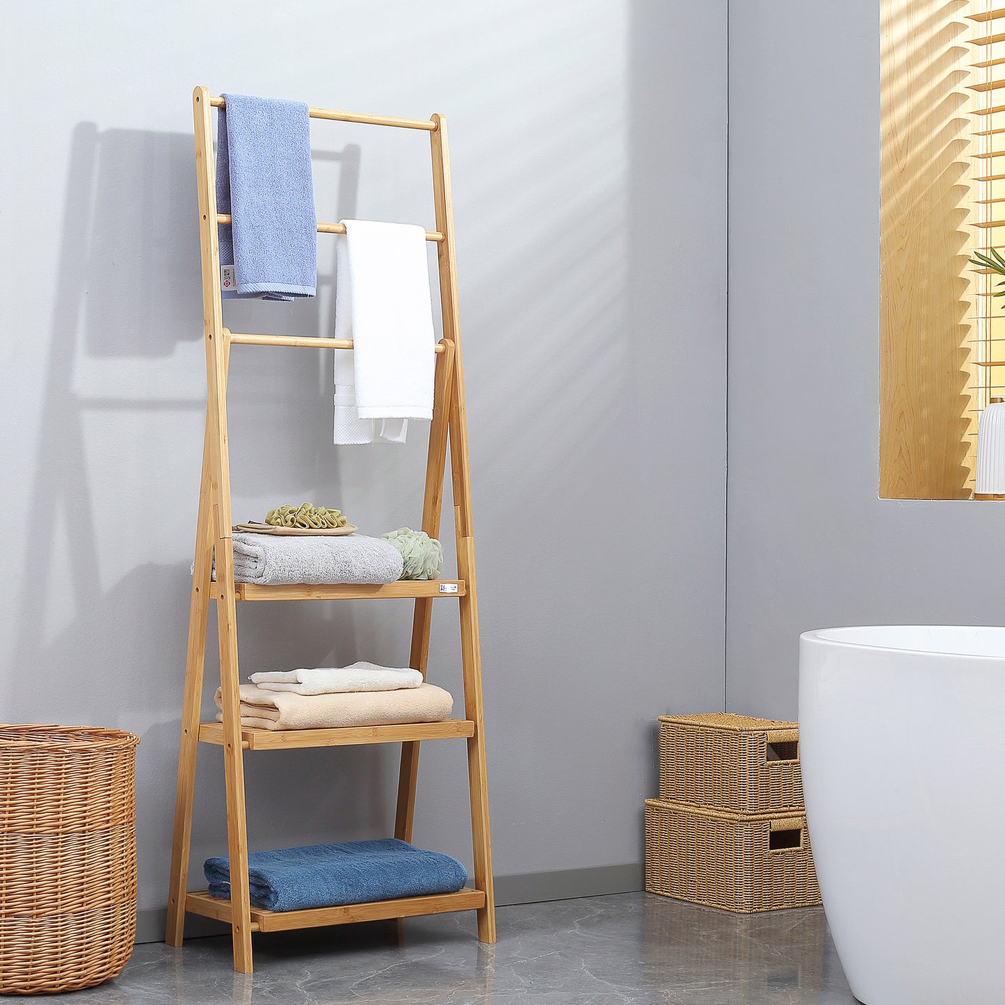 Freestanding Natural Bamboo Towel Rack with 3 Towel Rails and 3 Storage Shelves