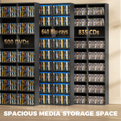 835 CD/500 DVD Storage Unit, Blu-ray Media Storage Shelf with 27 Compartments and 21 Adjustable Shelves, Black