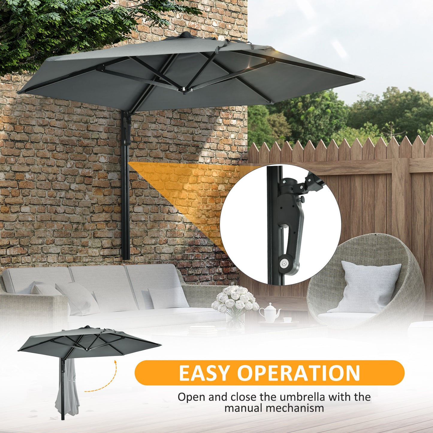 2.5m Wall Mounted Parasol, Hand to Push Outdoor Patio Umbrella with 180 Degree Rotatable Canopy for Porch, Deck, Garden