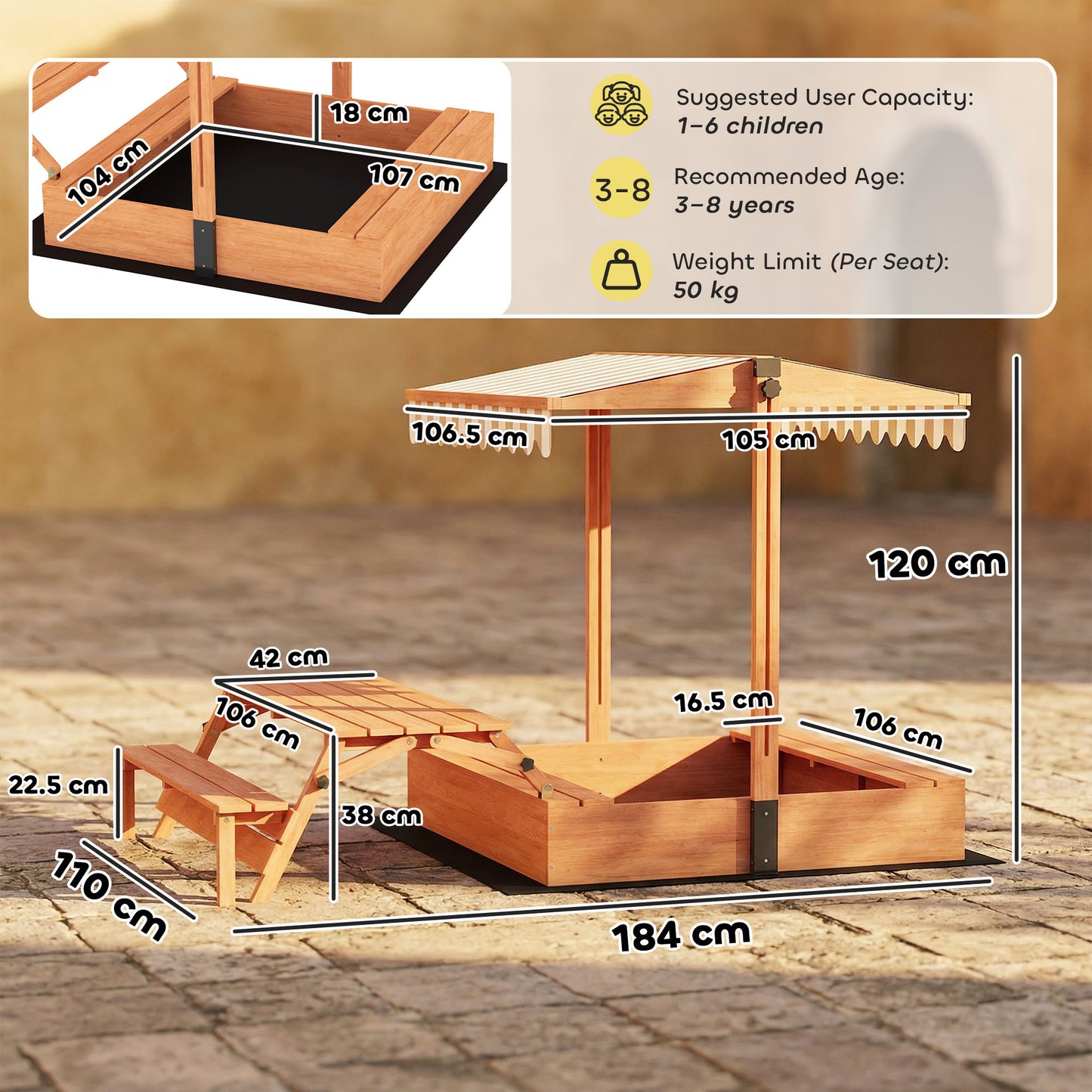 Kids Sand Pit with Lid, Wooden Sandpit with Canopy, Foldable Picnic Table, Bench Seats, Bottom Liner for Patio Garden