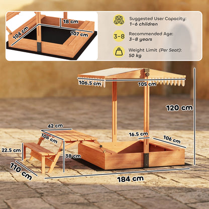 Kids Sand Pit with Lid, Wooden Sandpit with Canopy, Foldable Picnic Table, Bench Seats, Bottom Liner for Patio Garden
