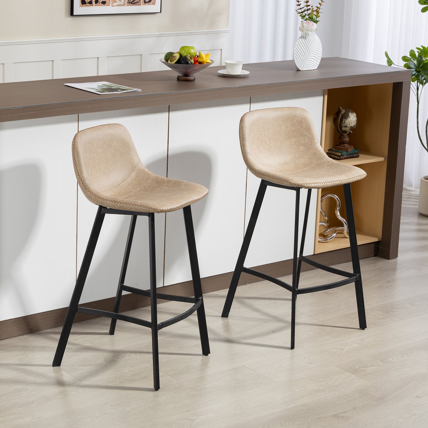 Bar Stools Set of 2, PU Leather Dining Stools with Backrest, Footrest, for Kitchen, Counter, Breakfast Bar, Light Brown