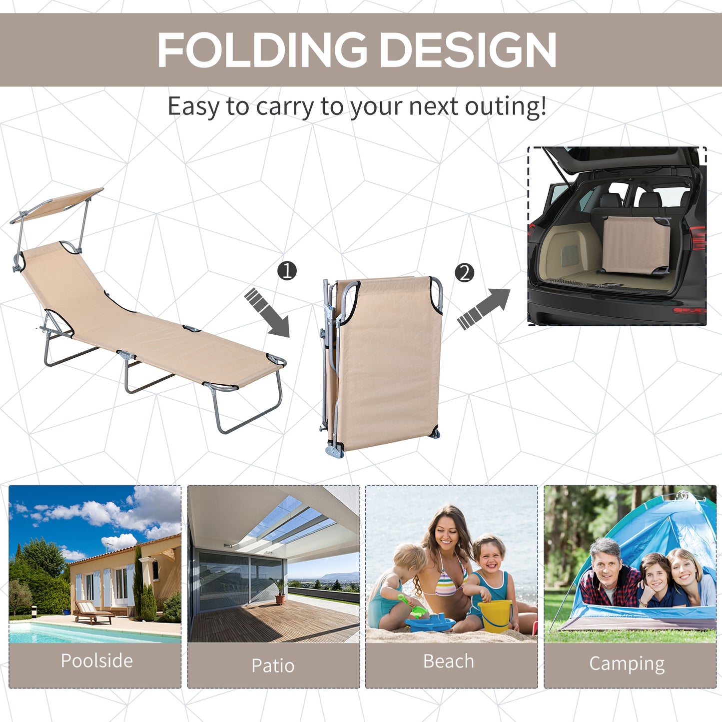 Folding Sun Lounger Set of 2 with Canopy, Reclining Sunbed with 4-Position Adjustable Backrest, 600D Oxford Cloth