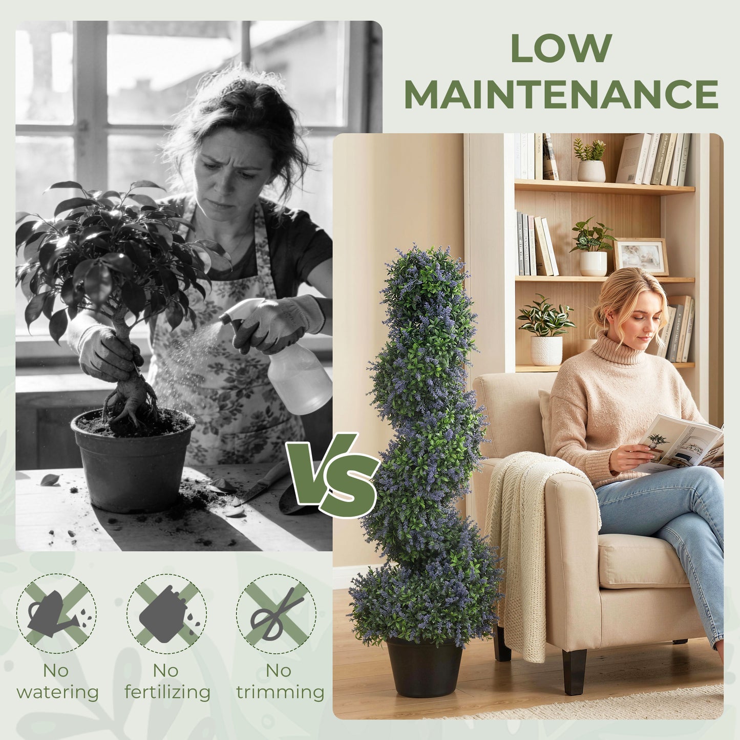 Artificial Lavender Topiary Tree Set of 2, UV Resistant Fake Plants in Pot for Indoor Outdoor Decor, 90 cm, Purple