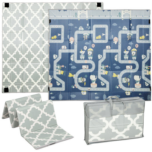 Foldable Baby Play Mat, Baby Playpen, Reversible Foam Playmat, Floor Mats for Toddlers, Traffic and Grey Diamond Theme