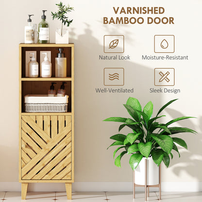 Slim Bathroom Cabinet with Bamboo Door and Legs, Narrow Bathroom Storage Cabinet