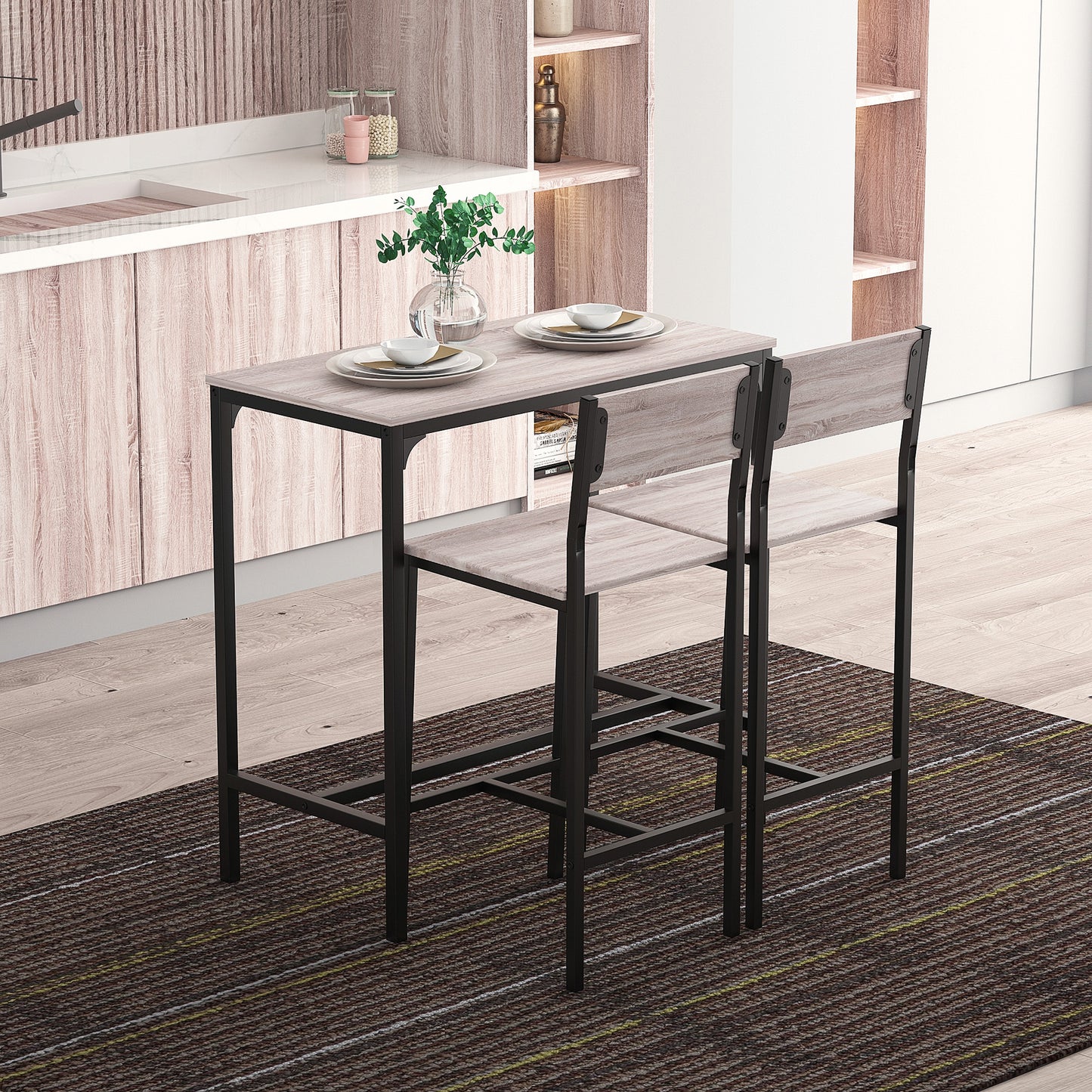 3-Piece Bar Table Set with 2 Stools, Industrial Breakfast Bar Set with Footrest, Backrest for Dining Room, Small Space