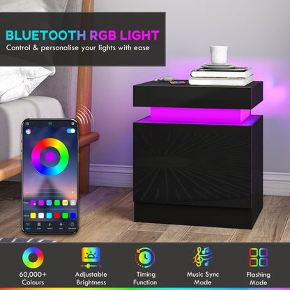 Black Bedside Table with LED Light, High Gloss Front Nightstand with 2 Drawers, for Living Room, Bedroom, Set of 2