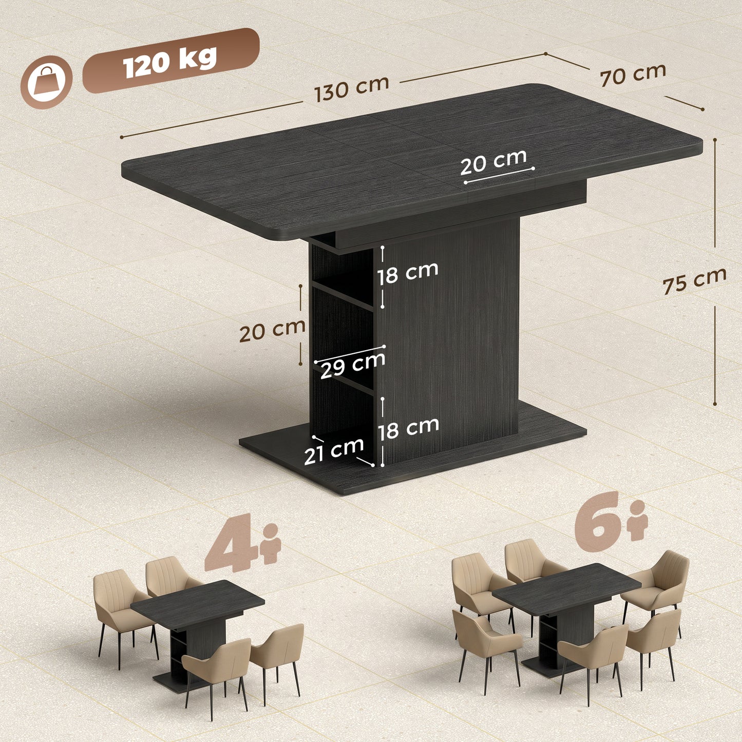 Extendable Dining Table for 4-6 People, 110-130cm Kitchen Table with 6 Open Shelves, Black