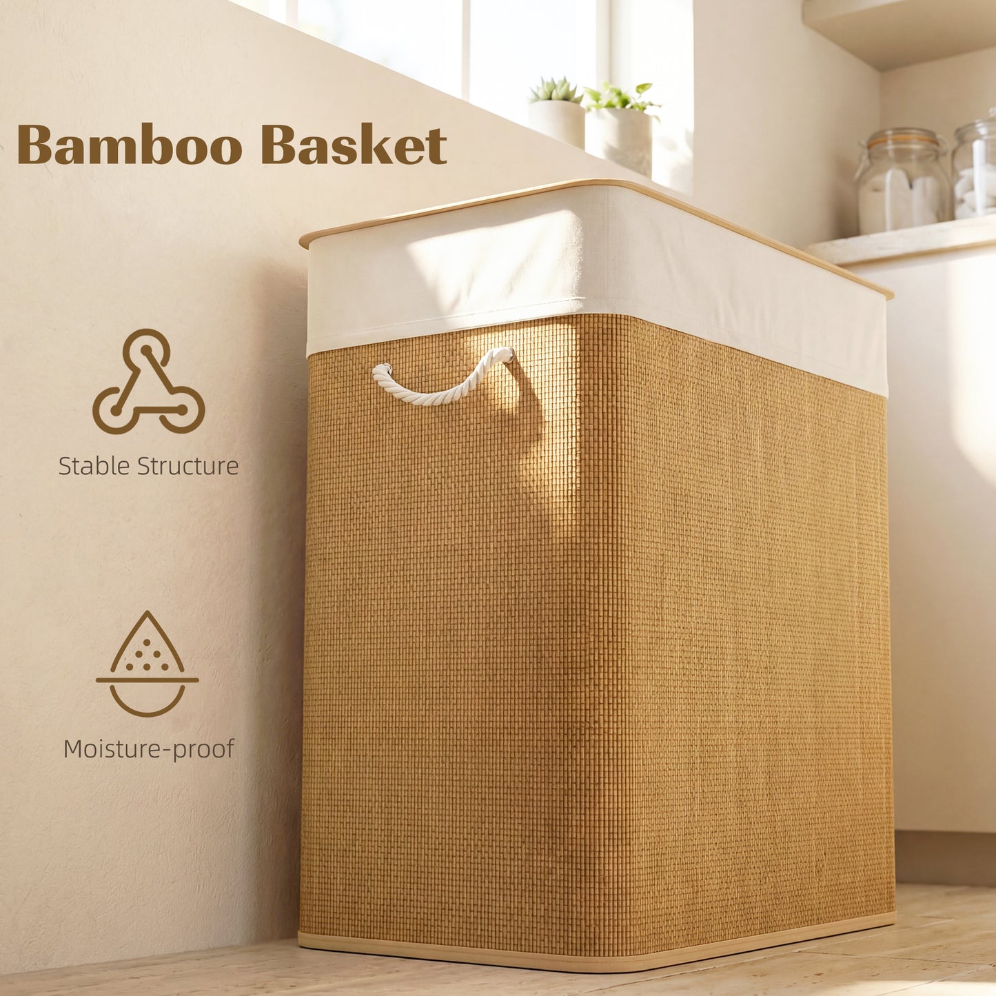 2 Section Laundry Basket with Lid, 100L Bamboo Laundry Hamper with Handles, Removable and Washable Liner, Brown