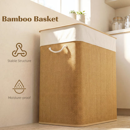 2 Section Laundry Basket with Lid, 100L Bamboo Laundry Hamper with Handles, Removable and Washable Liner, Brown