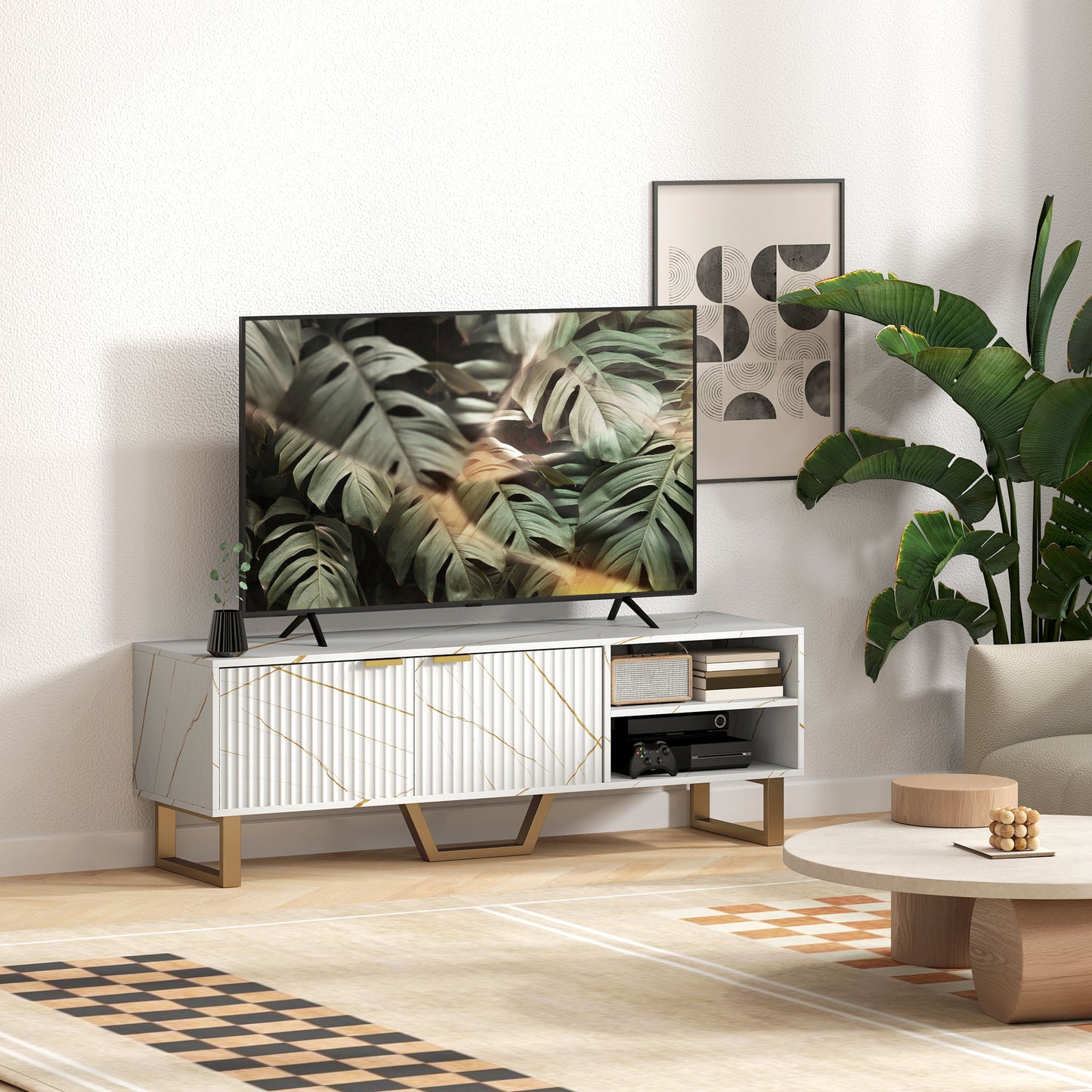 Marble Effect TV Unit, Modern TV Stand Cabinet for up to 70" TVs, with Shelves and Storage Cupboard, Fluted Door