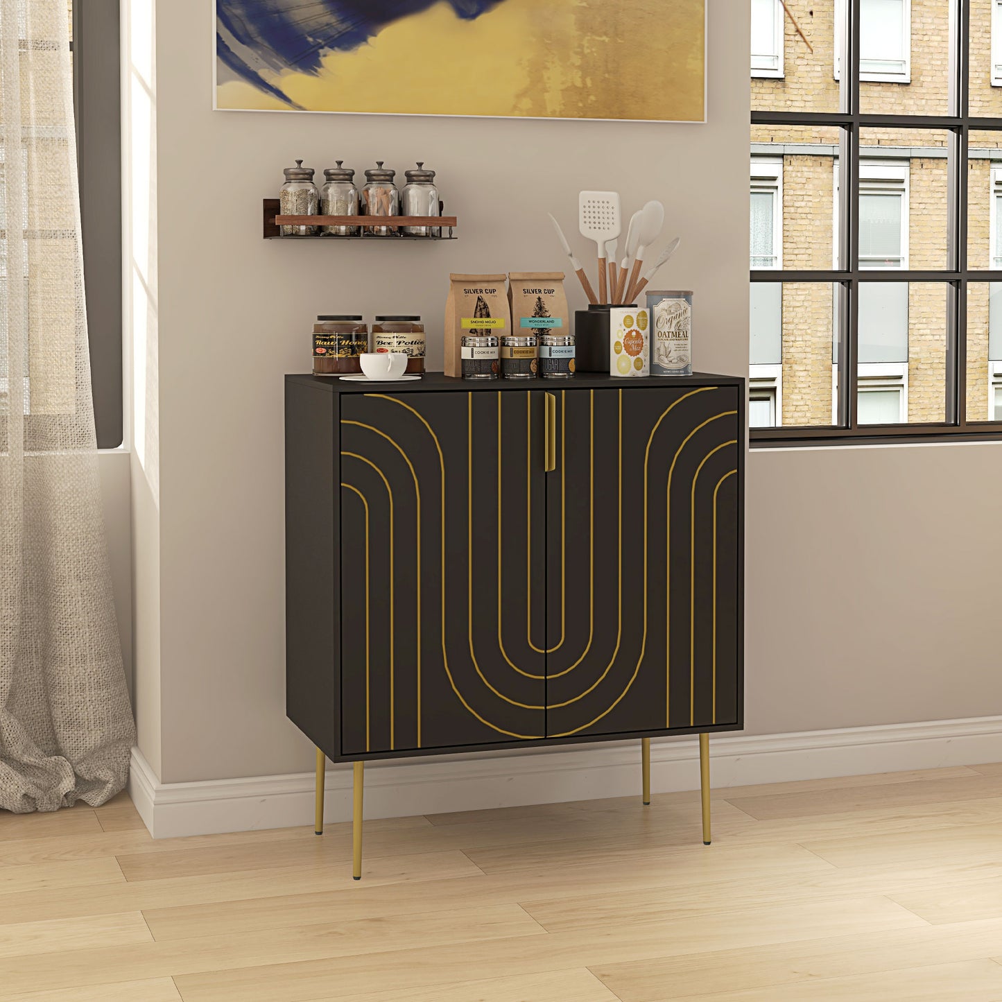 Art Deco Inspired Sideboard, with Adjustable Shelf - Black/Gold Tone