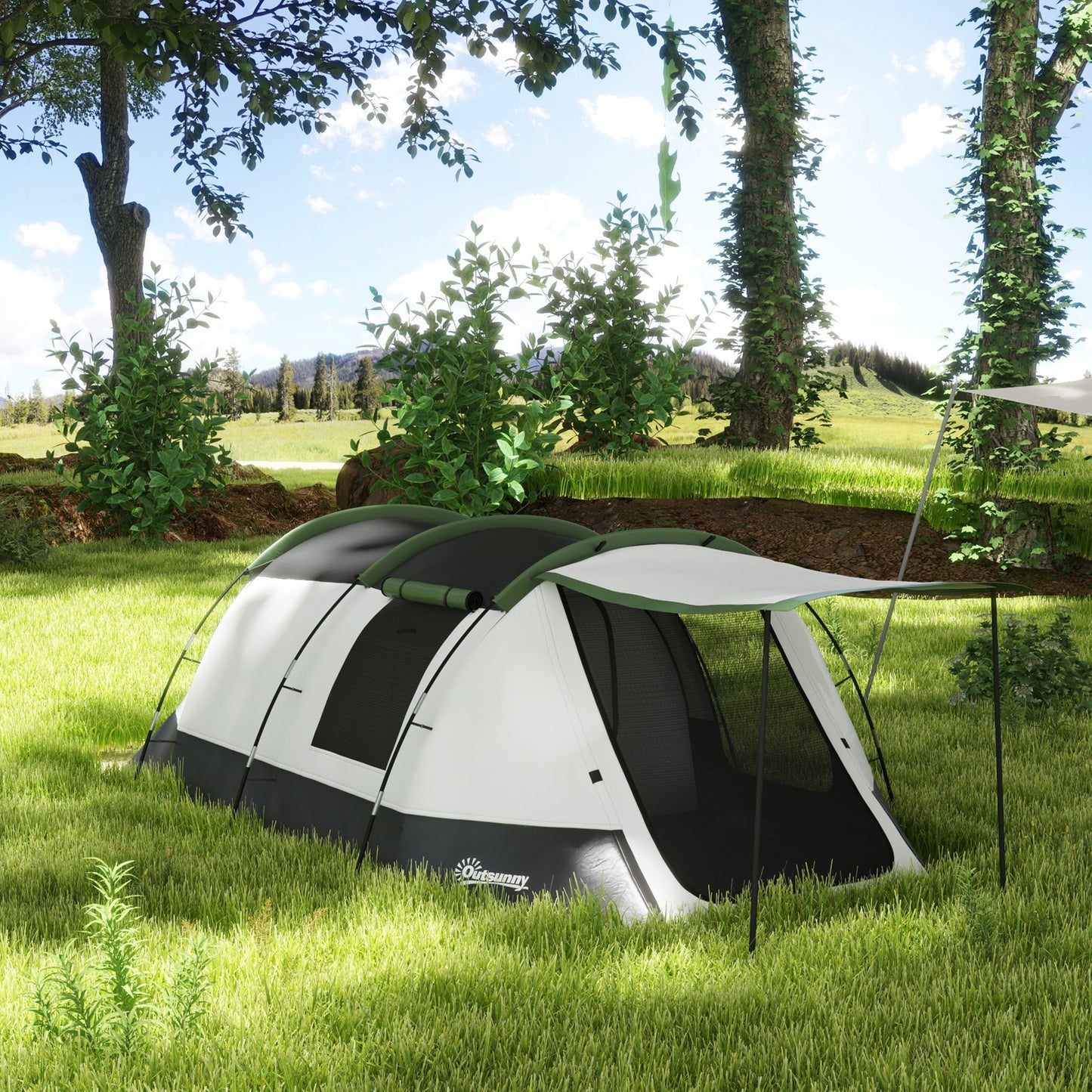 2 Man Camping Tent, with Two Rooms and Porch - Green
