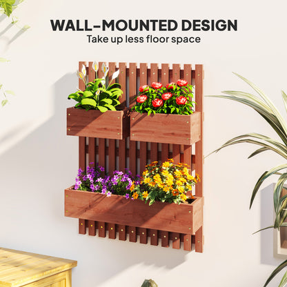 Wall-mounted Wooden Garden Planters with Trellis, Drainage Holes and 3 Planter Boxes for Patio, Brown