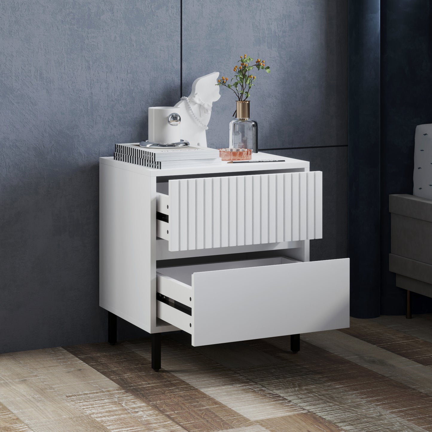 Simple Line Indented Two-Drawer Bedside Table - White