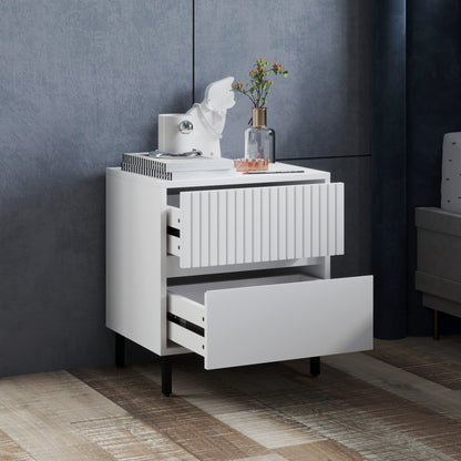 Simple Line Indented Two-Drawer Bedside Table - White