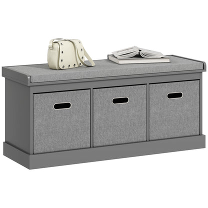 Three-Drawer Shoe Storage Bench, with Padded Top Seat - Grey