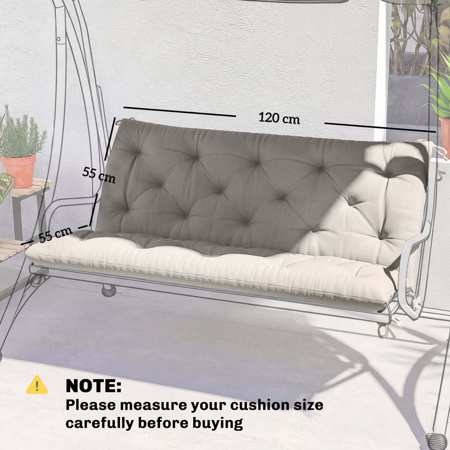 Garden Bench Cushion, 2 Seater Swing Chair Cushion, Seat Pad with Ties for Indoor and Outdoor Use, 110 x 120 cm