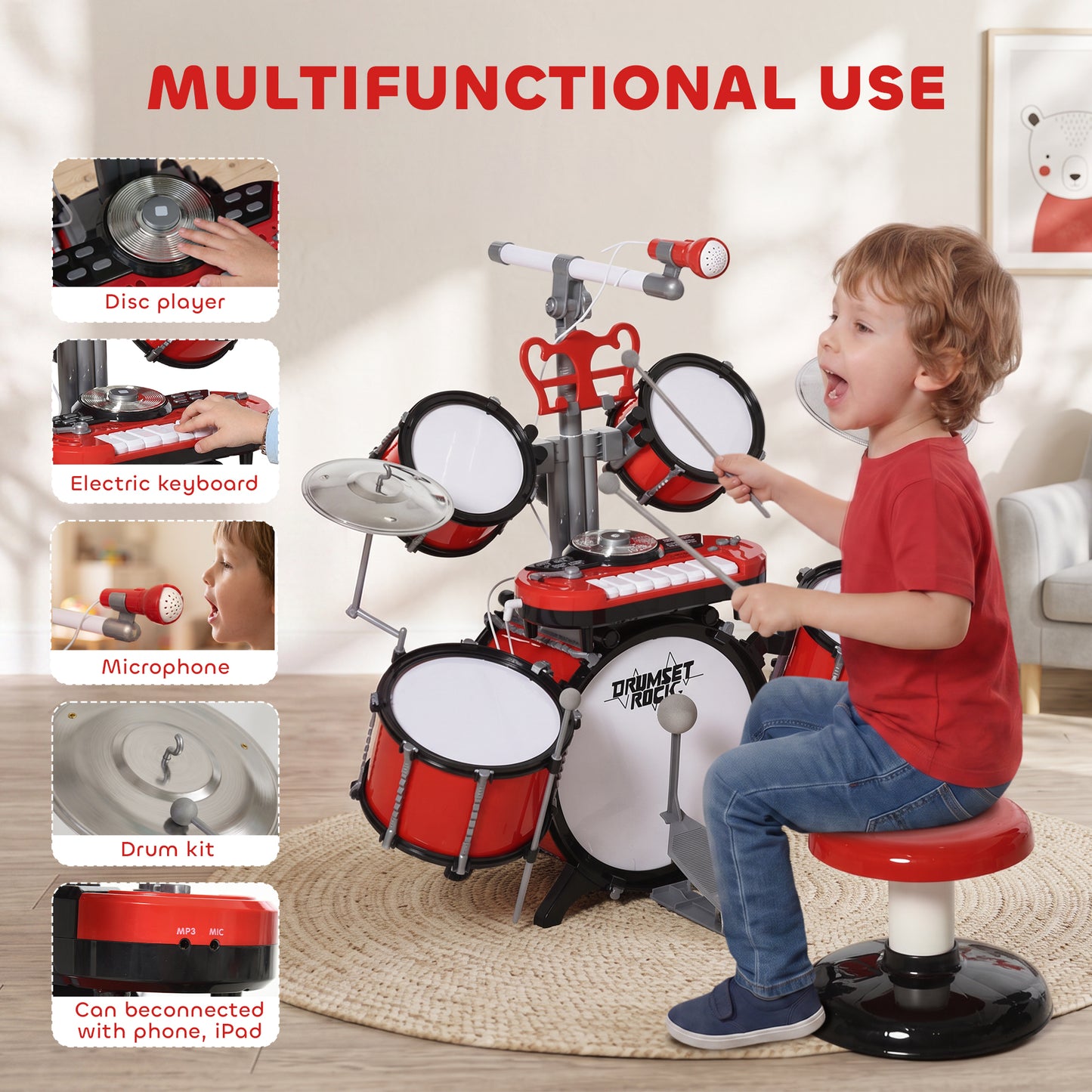 Kids Drum Set for Beginners, Drum Kit with Toy Microphone, Cymbal, Pedal & Drumsticks, Educational Musical Toy, Red