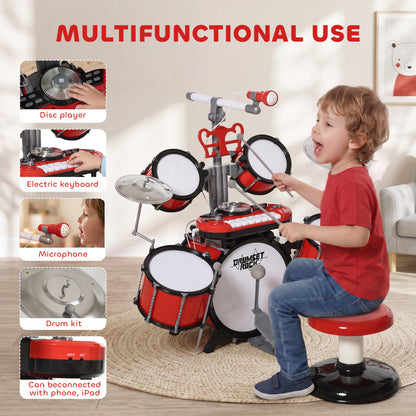 Kids Drum Set for Beginners, Drum Kit with Toy Microphone, Cymbal, Pedal & Drumsticks, Educational Musical Toy, Red