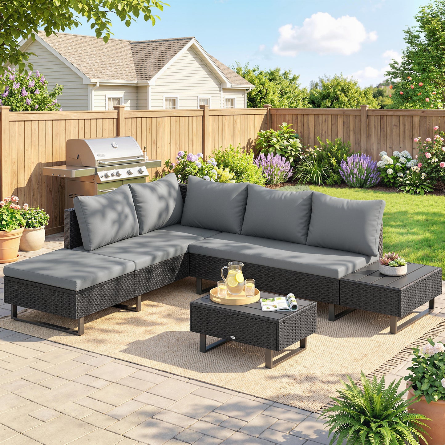 5 Seater Rattan Garden Furniture Set, L Shaped Garden Corner Sofa, Adjustable Back, Faux Wood Table, Dark Grey