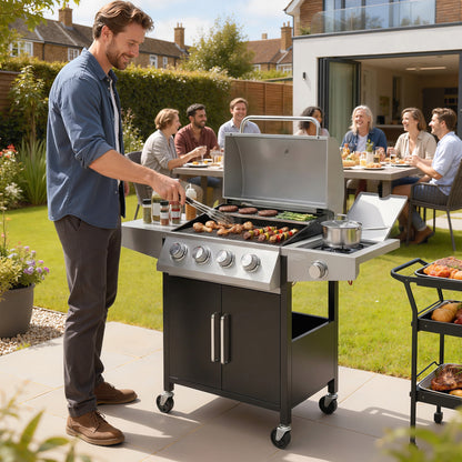 4+1 Burner Gas BBQ Grill with Side Burner, 14.5 kW Steel Portable Gas Barbecue Grill with Built-in Thermometer, Lid
