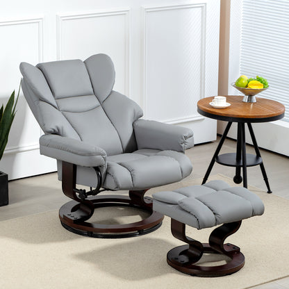 360° Swivel Recliner Chair with Footstool, PU Leather Manual Recliner Armchair with Footstool, Solid Wood Base