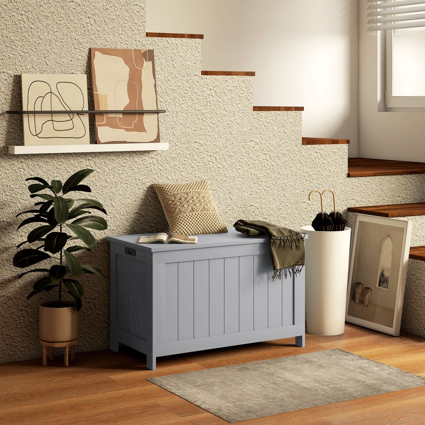 Storage Chest, Modern Storage Trunk with 2 Safety Hinges and Cut-out Handles, Wooden Toy Box for Living Room, Entryway