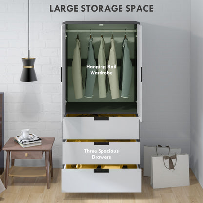 Modern Clothes Storage Cupboard Unit, 3 Drawer 2 Door Wardrobe with Hanging Rod, Grey