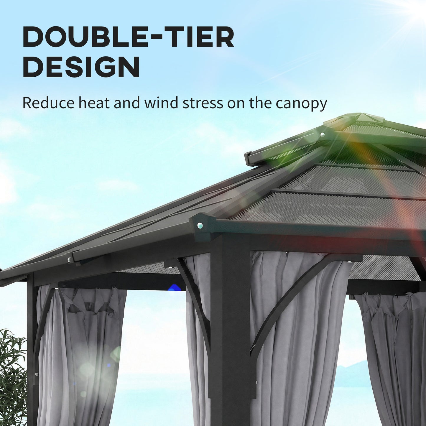 3 x 3(m) Hardtop Gazebo Canopy with 7mm Polycarbonate Double-Tier Roof, Garden Gazebo Permanent Pavilion