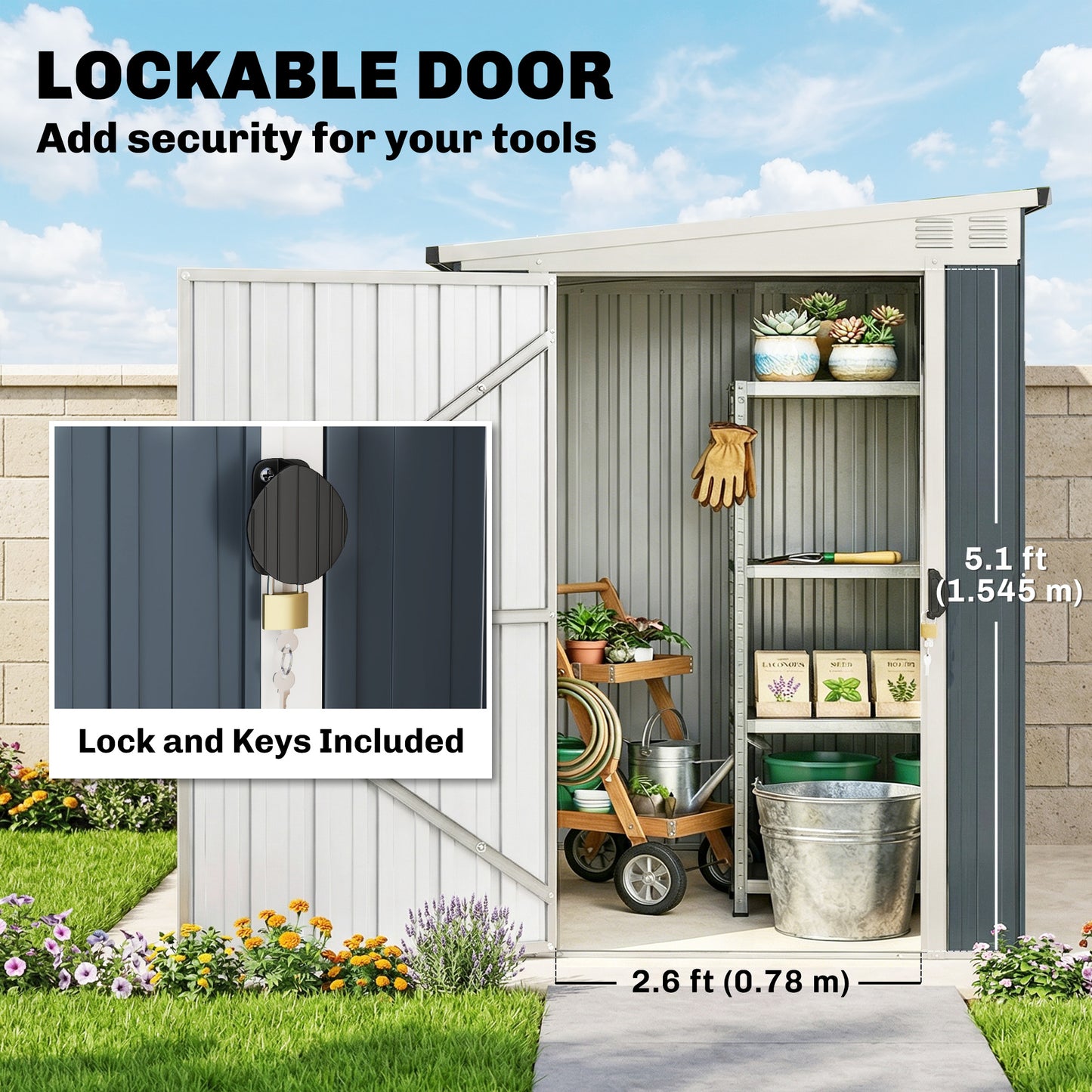 7.6 x 4ft Lean to Garden Metal Shed, Outdoor Storage Shed with Window, 2 Vents and Lockable Door for Garden, Dark Grey